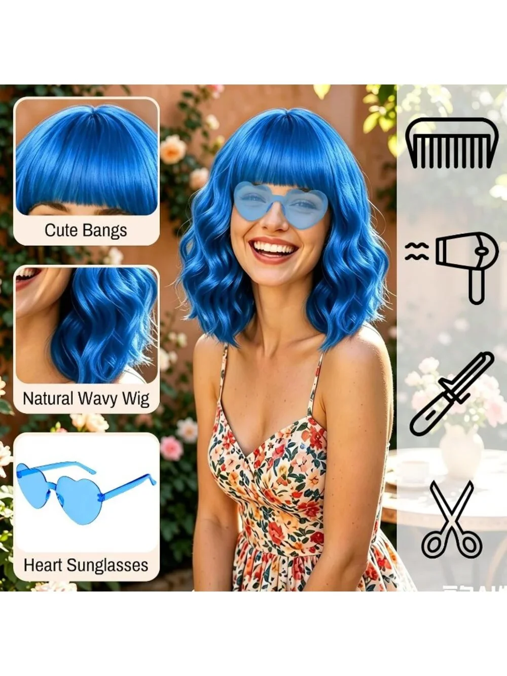 Women's Royal Blue Curly Bob Synthetic Wigs Bangs With Neon Heart Sunglasses